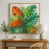 Square botanical print with monstera leaves in vibrant colors