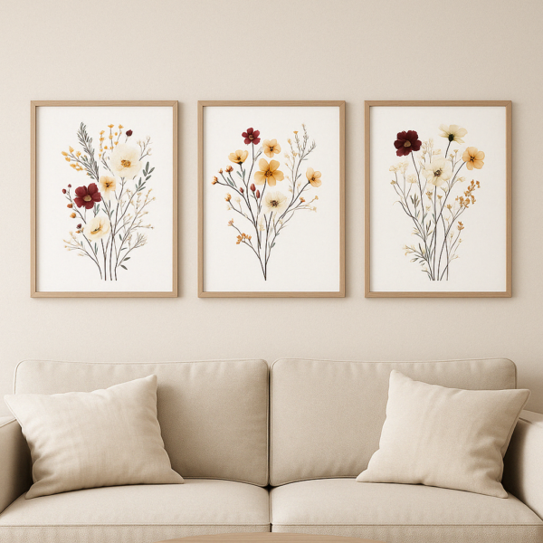 Wildflower watercolor wall art in wooden frame, cottagecore decor for digital download.