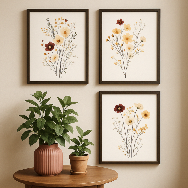 Close-up of wildflower watercolor bouquet in soft tones, minimalist cottagecore art for digital download.
