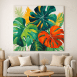 Digital tropical leaf art with teal and gold highlights