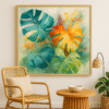 Jungle-inspired monstera print with bold brush strokes