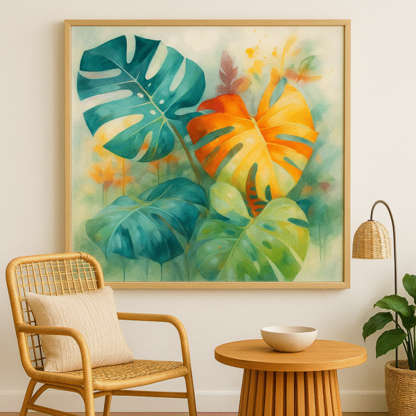 Jungle-inspired monstera print with bold brush strokes
